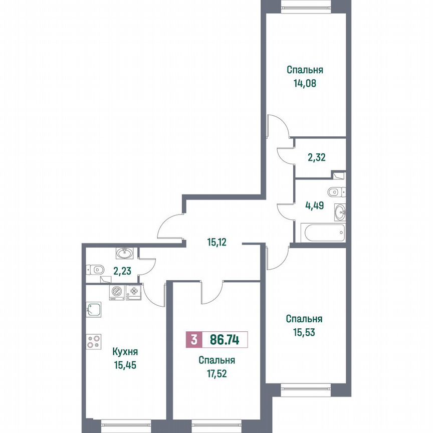 3-к. квартира, 86,7 м², 1/16 эт.