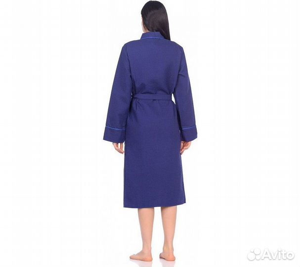 Халат вафельный Home One с кантом синий 48