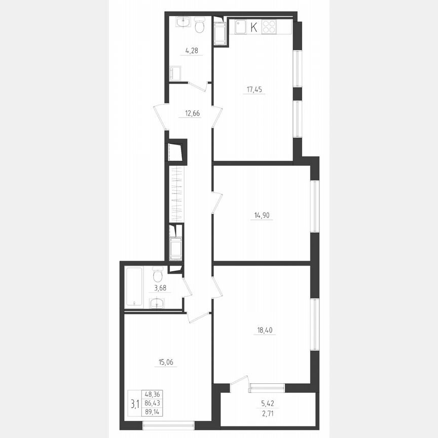 3-к. квартира, 89,1 м², 6/8 эт.