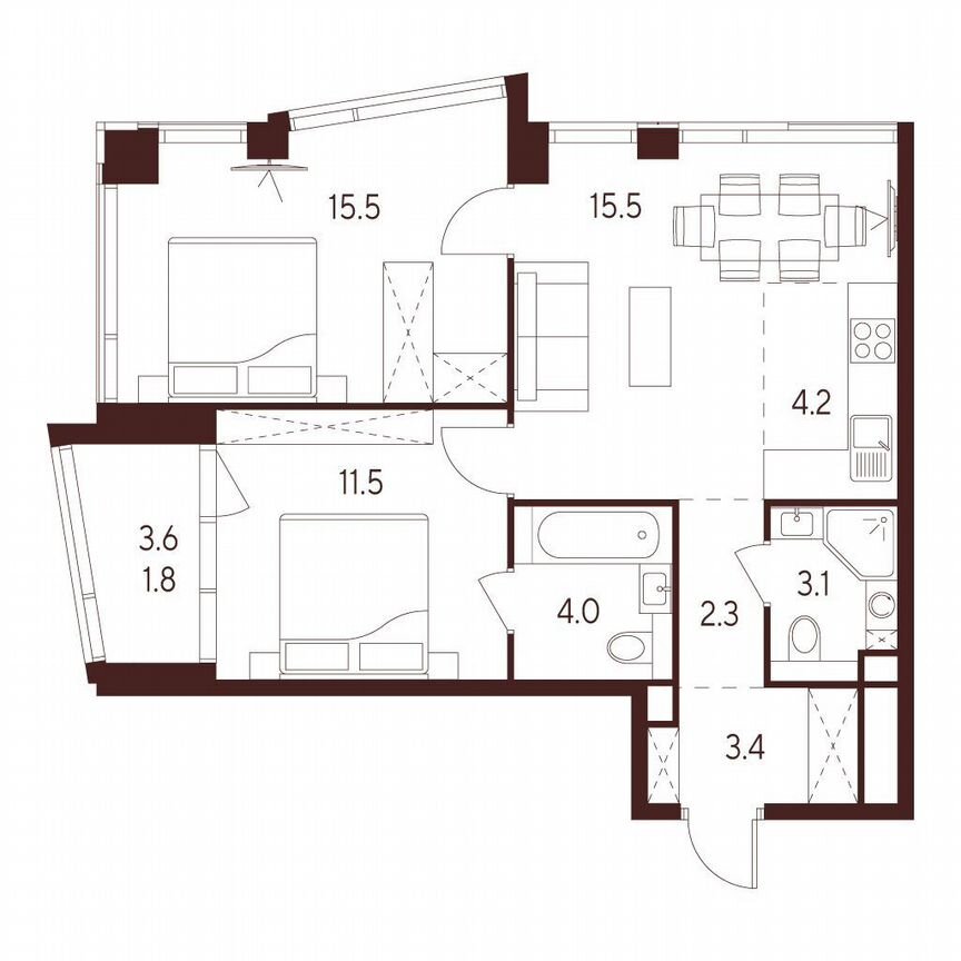 2-к. квартира, 59,5 м², 15/23 эт.