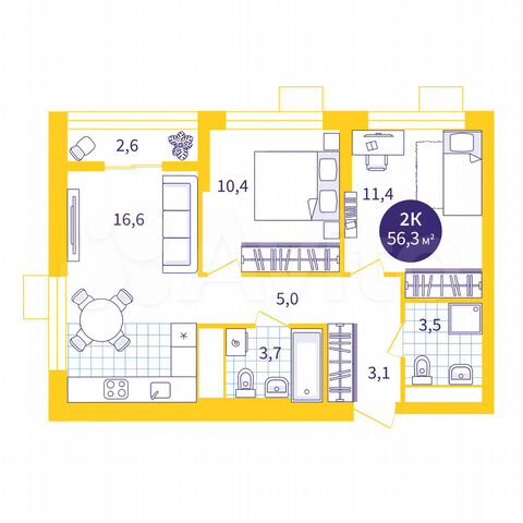 2-к. квартира, 56,3 м², 15/18 эт.