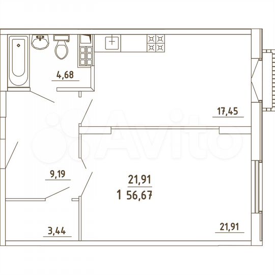 1-к. квартира, 56,7 м², 2/4 эт.