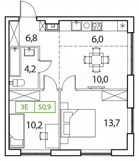 3-к. квартира, 50,9 м², 9/17 эт.