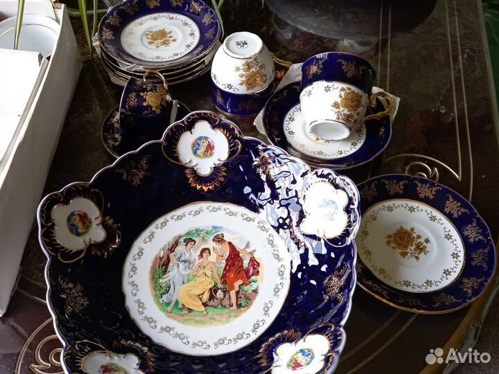 Роскошные блюда,чайные пары,кобальт,Чехия
