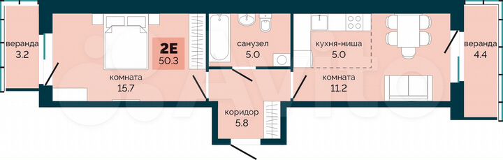 2-к. квартира, 50,3 м², 2/10 эт.