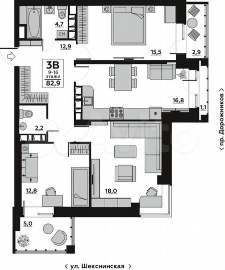 3-к. квартира, 87,4 м², 12/16 эт.