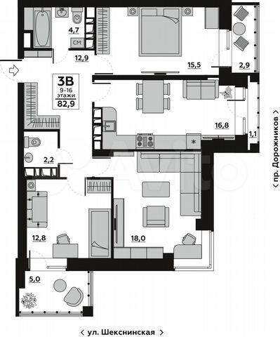 3-к. квартира, 87,4 м², 12/16 эт.