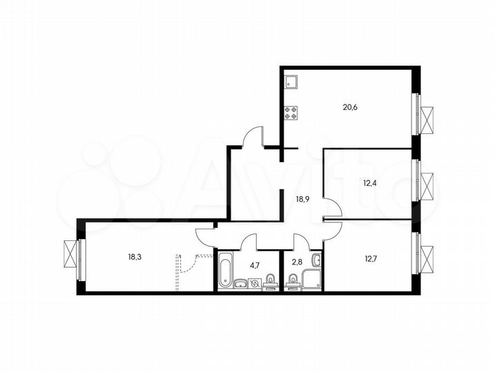 3-к. квартира, 89 м², 3/15 эт.