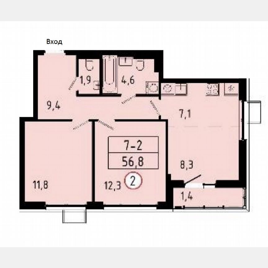 2-к. квартира, 56,8 м², 2/9 эт.