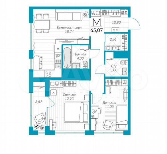2-к. квартира, 65,1 м², 16/25 эт.
