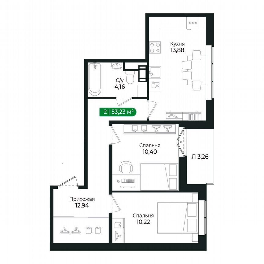 2-к. квартира, 53,2 м², 2/8 эт.