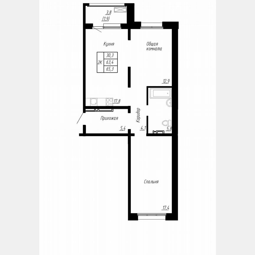 2-к. квартира, 65,3 м², 13/17 эт.