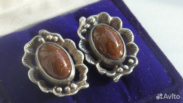Cерьги и кольцо серебро авантюрин СССР