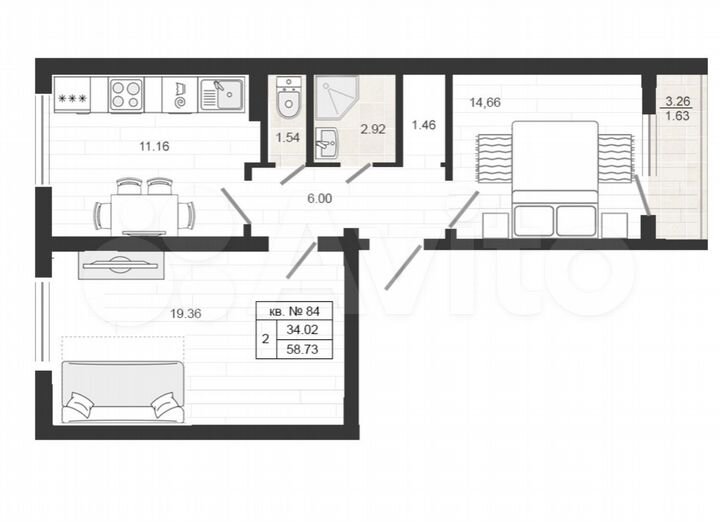 2-к. квартира, 58,7 м², 4/4 эт.