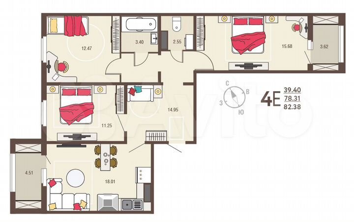 4-к. квартира, 82,4 м², 6/17 эт.