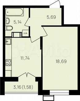 1-к. квартира, 44 м², 15/19 эт.