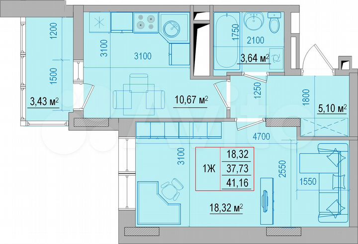 1-к. квартира, 41,2 м², 14/18 эт.
