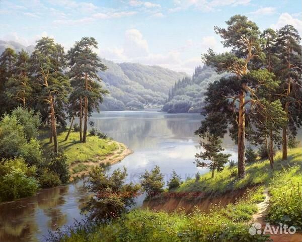 Алмазная мозаика 40x50 Густой хвойный лес на берег