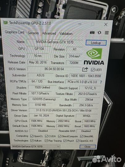 Asus GTX 1070 ROG Strix 8гб