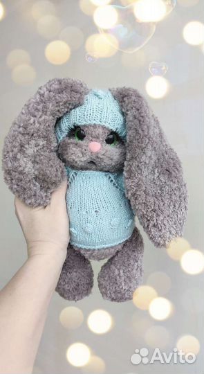 Меховой зайка вязаный, мягкий. Ручная работа