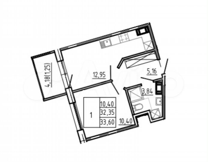 1-к. апартаменты, 33,6 м², 3/5 эт.