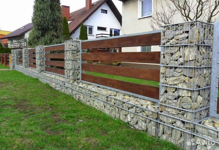 Забор из габиона, вазон, отделка, подпорные стены