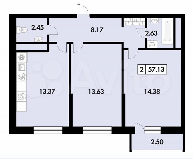 2-к. квартира, 57,1 м², 15/18 эт.