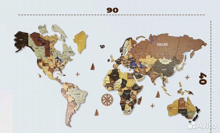 Карта мира из дерева настенная (90*40)