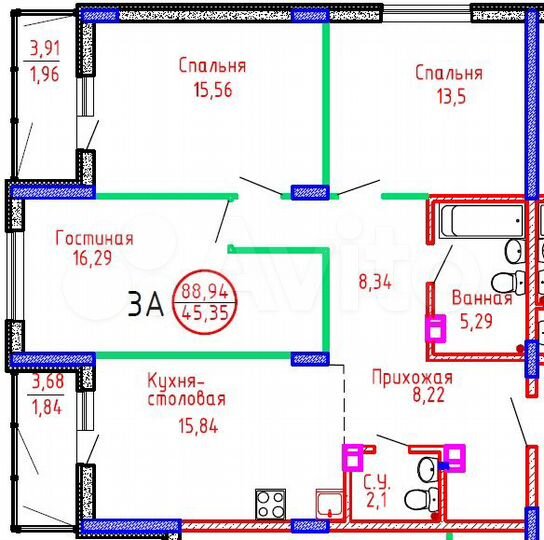 3-к. квартира, 88,8 м², 6/8 эт.
