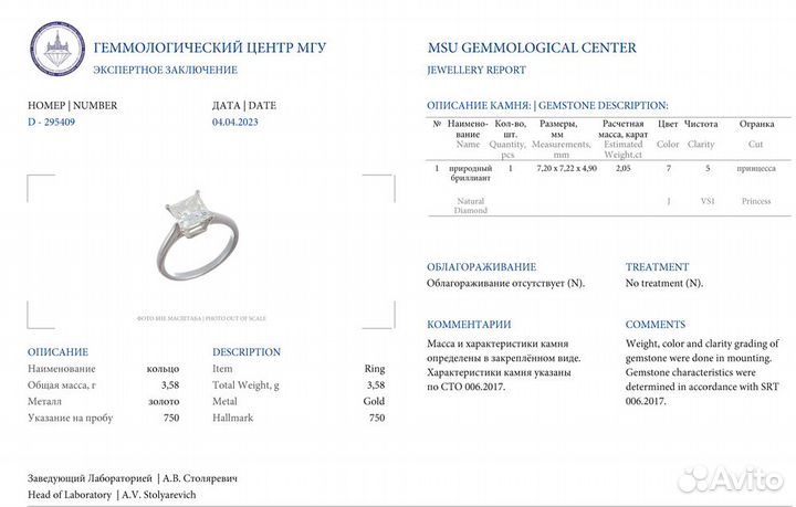 Кольцо Albedo 2,05 ct J/VS1 Princess Diamond White