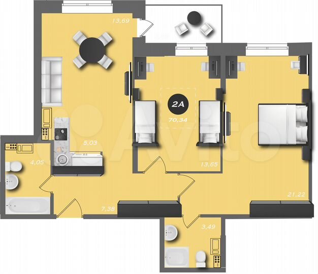 2-к. квартира, 70,3 м², 4/22 эт.