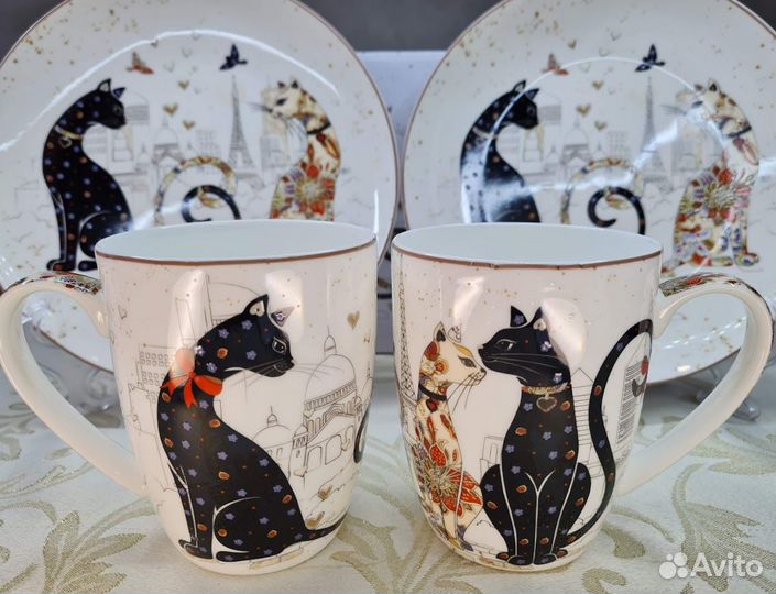 Кружки, чайные пары Парижские коты Костяной фарфор