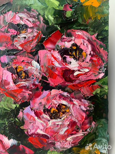 Картина маслом букет цветов красные пионы пейзаж