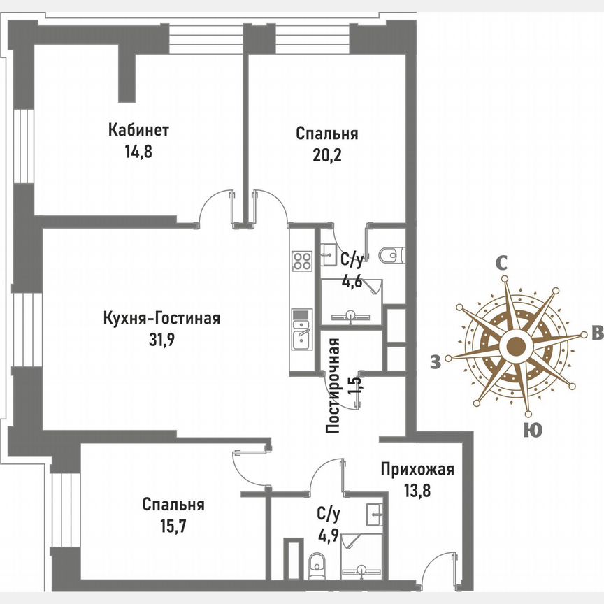 3-к. квартира, 107,4 м², 3/15 эт.