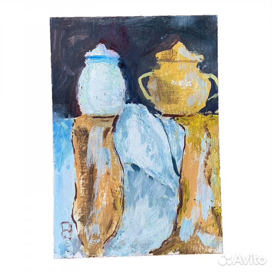 Картина маслом натюрморт с желтой сахарницей