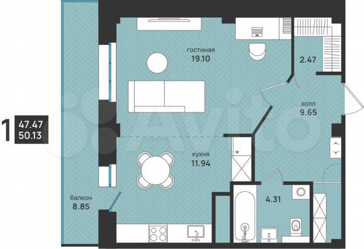 1-к. квартира, 50,1 м², 3/13 эт.