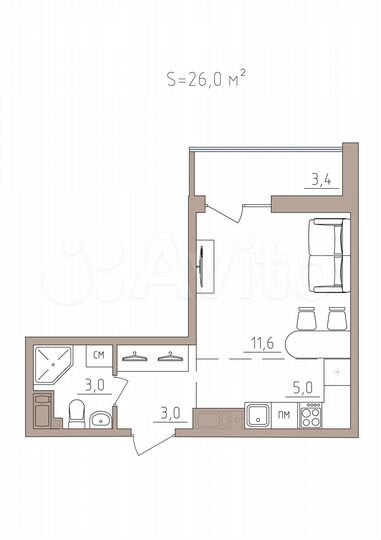 1-к. квартира, 26 м², 4/7 эт.