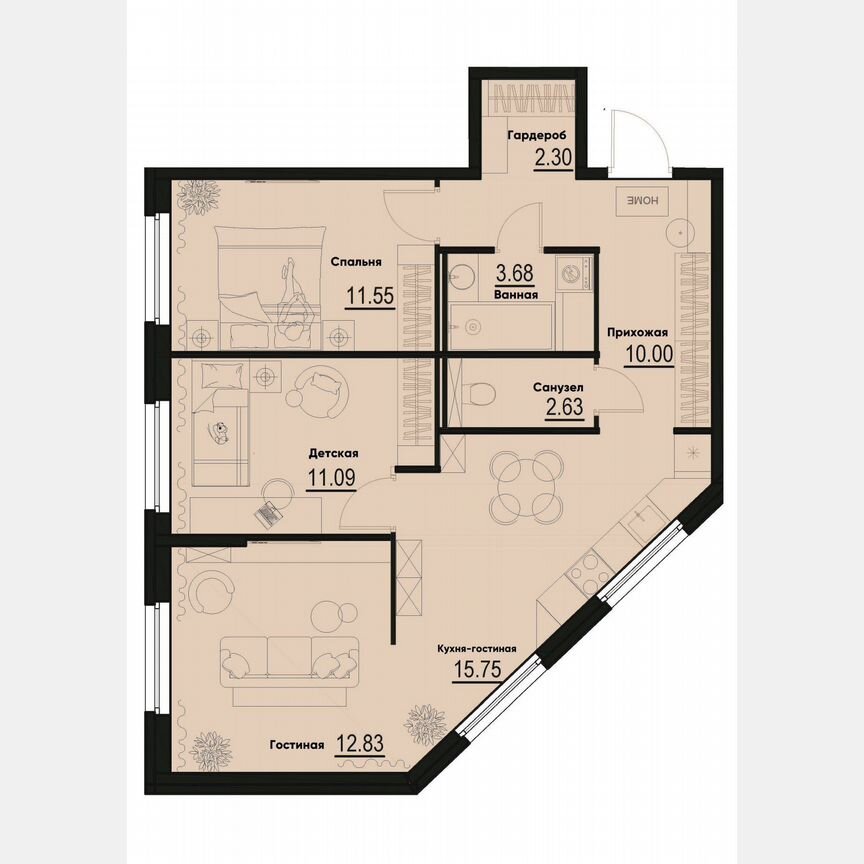 3-к. квартира, 69,8 м², 1/12 эт.