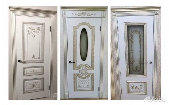 Дверь межкомнатная Эмаль Белая/ Патина золото