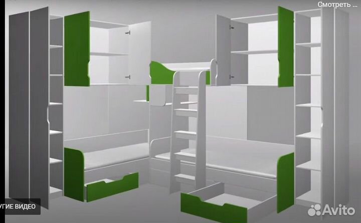 Кровать Трио со шкафами Дуб Молочный/ Салатовый