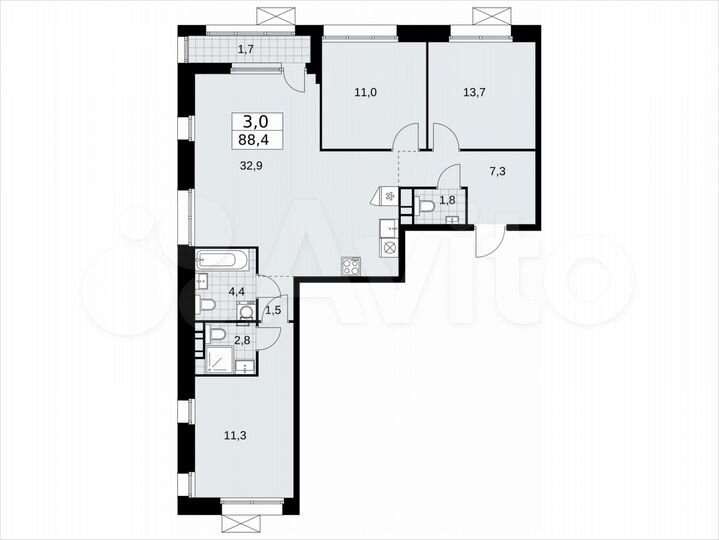 3-к. квартира, 88,4 м², 5/7 эт.