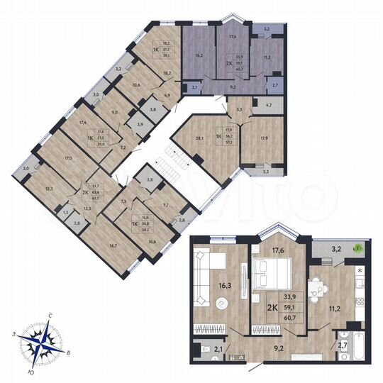 2-к. квартира, 60,7 м², 2/3 эт.