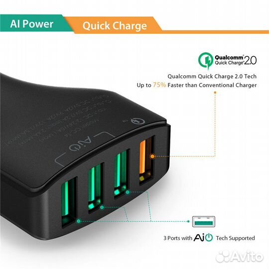 Авто зарядка Aukey 54W Quick Charge 2.0 - 4 USB