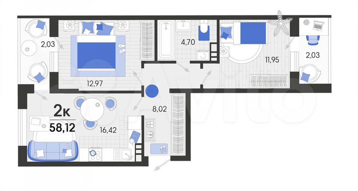 2-к. квартира, 58,1 м², 6/7 эт.