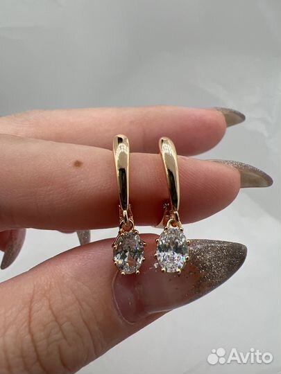 Серьги с цирконом, покрытие золото