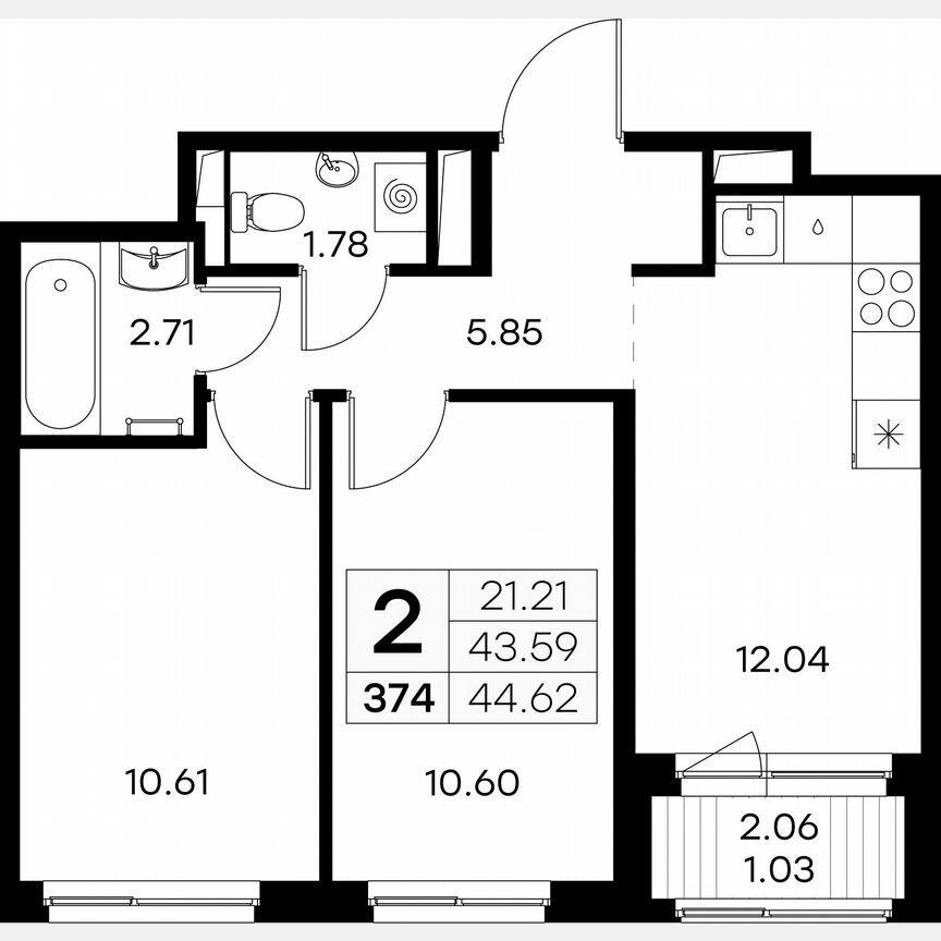 2-к. квартира, 44,6 м², 8/9 эт.