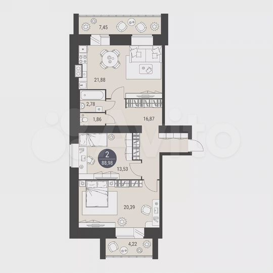2-к. квартира, 89 м², 7/10 эт.