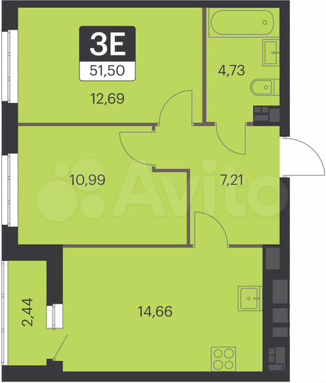 2-к. квартира, 51,5 м², 11/15 эт.