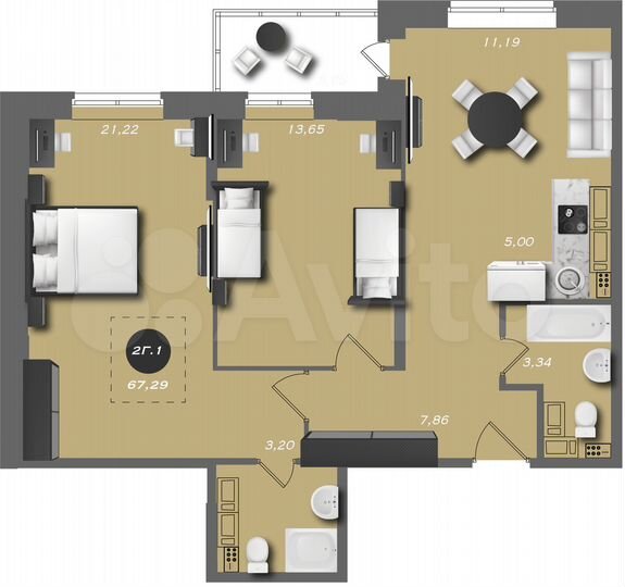 2-к. квартира, 67,3 м², 17/22 эт.