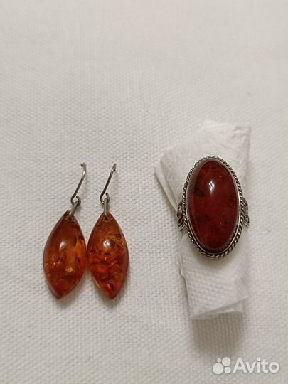 Кольцо, серьги с янтарём СССР